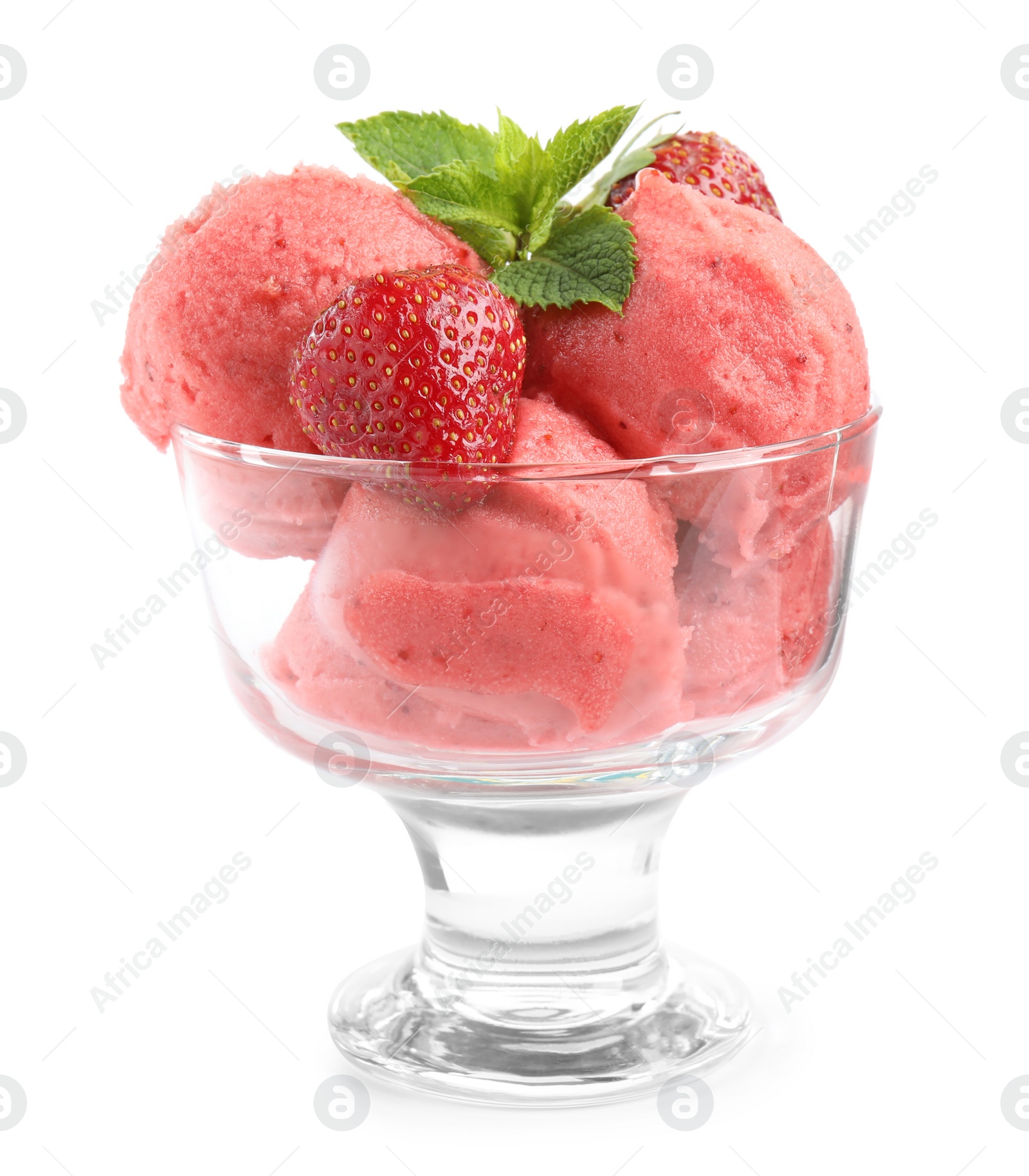 Photo of Delicious strawberry ice cream with mint and fresh berries in dessert bowl on white background