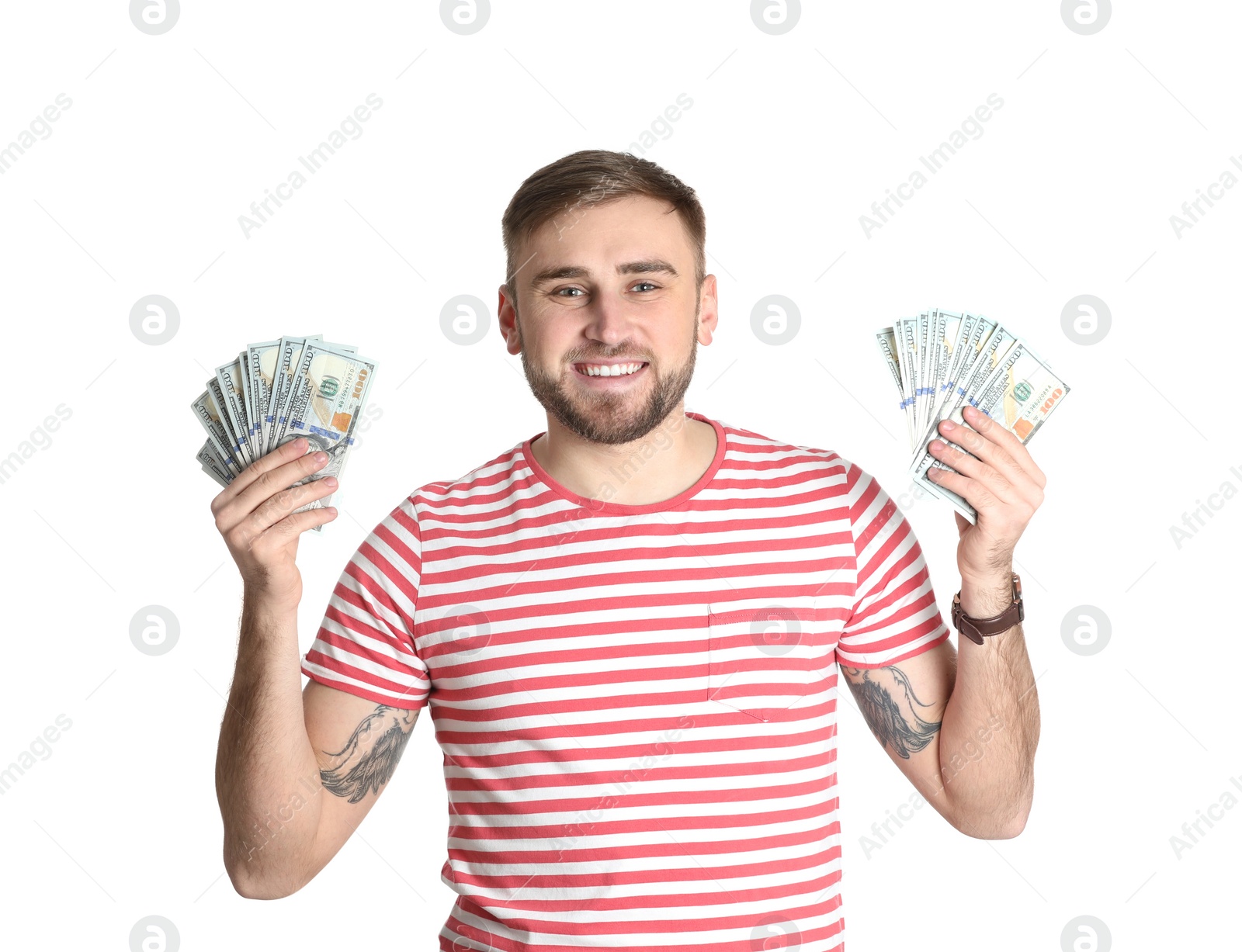 Photo of Portrait of young man holding money banknotes on white background