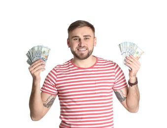 Photo of Portrait of young man holding money banknotes on white background