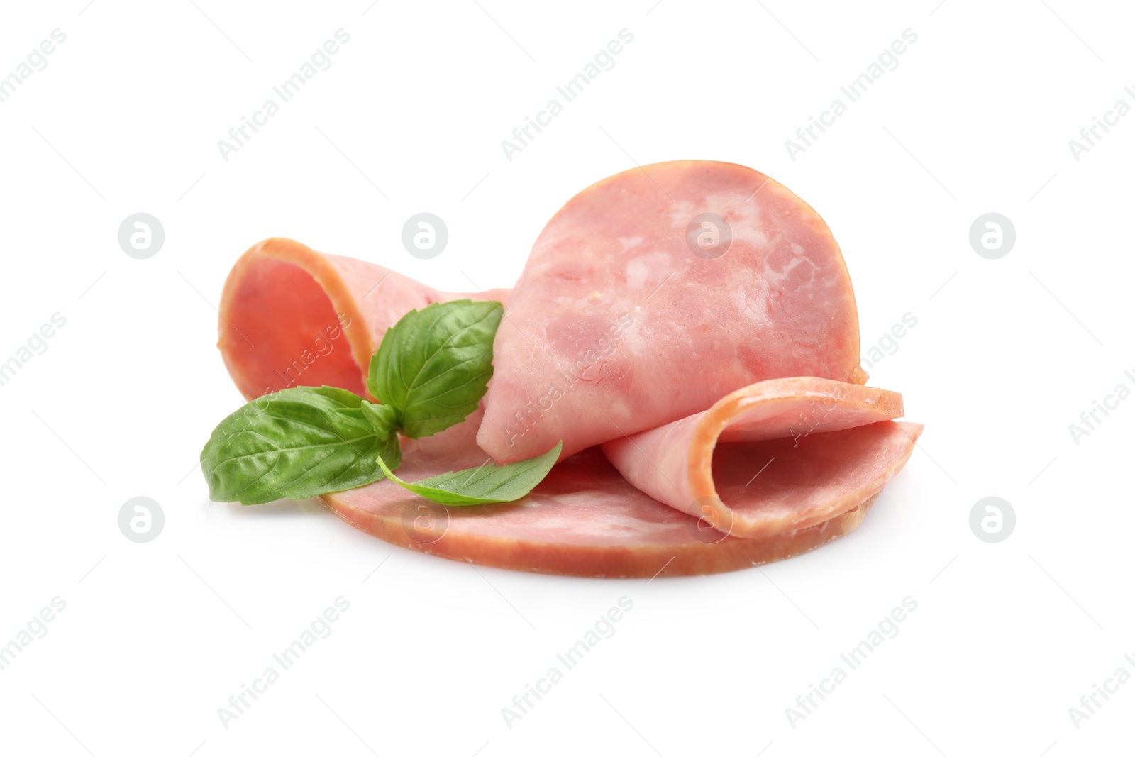 Photo of Tasty ham with basil isolated on white