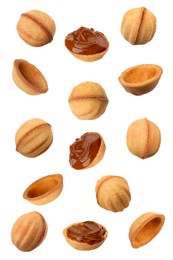 Many delicious nut shaped cookies with caramelized condensed milk falling on white background