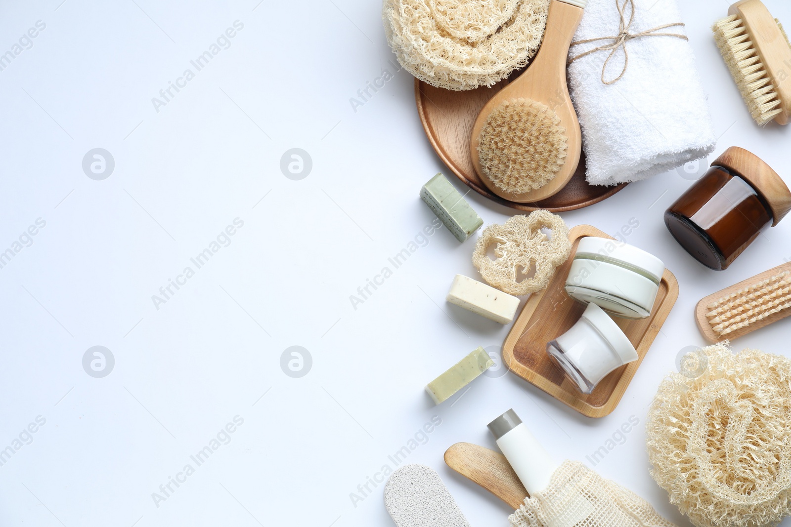 Photo of Bath accessories. Flat lay composition with personal care products on white background, space for text