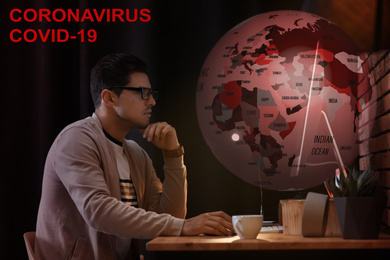 Image of Journalist working with modern computer in office. Dangerous coronavirus