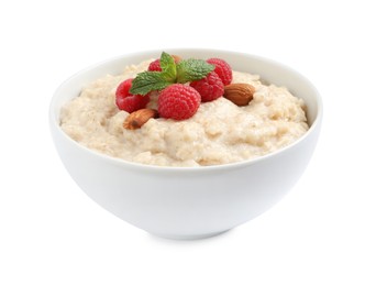 Photo of Tasty oatmeal porridge with raspberries and almond nuts in bowl on white background