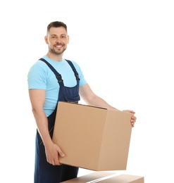 Portrait of moving service employee with cardboard box on white background