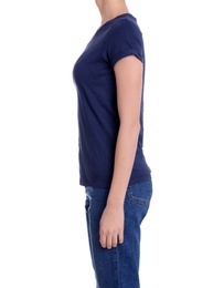 Young slim woman on white background, closeup. Weight loss