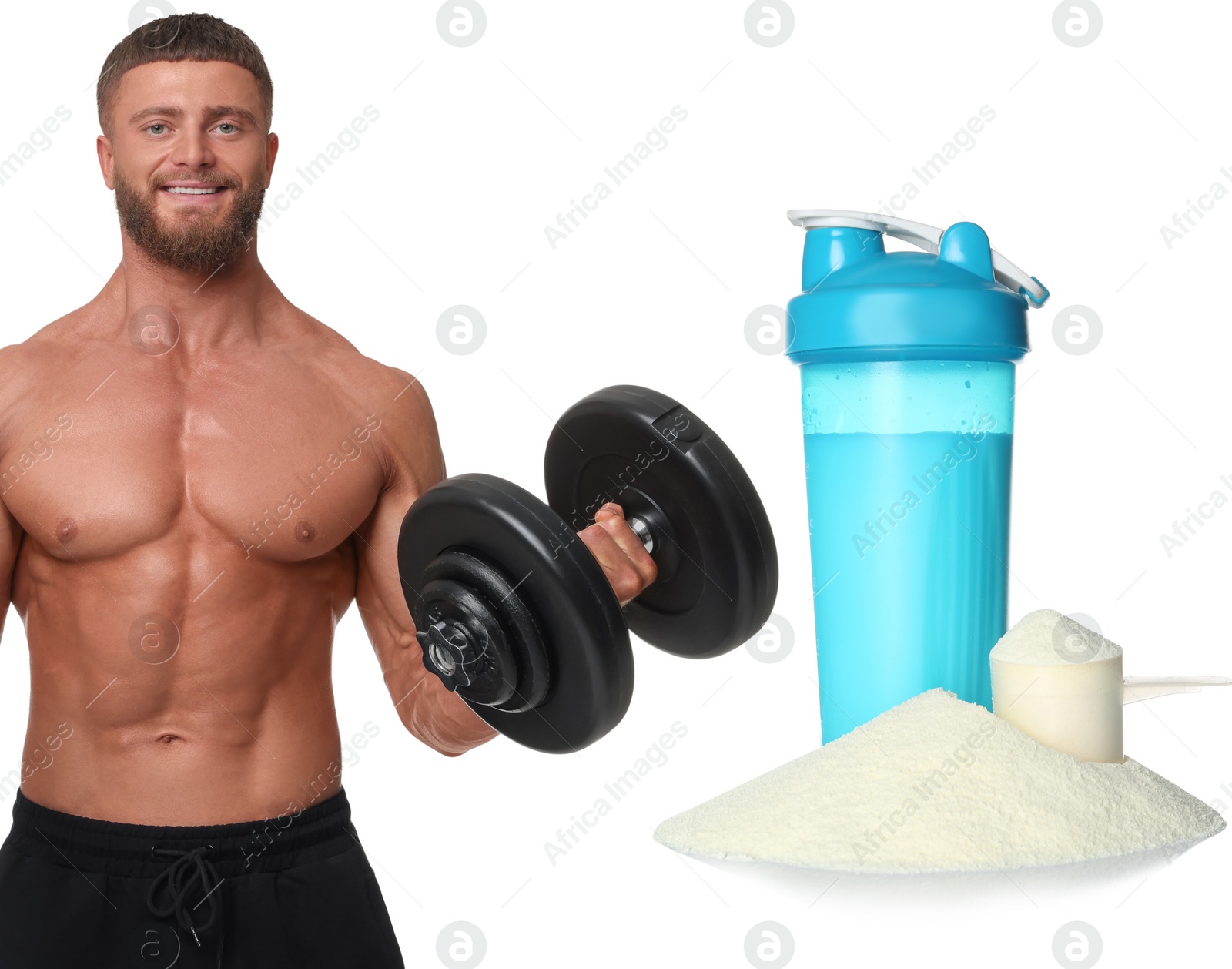 Image of Bodybuilding. Man with muscular torso holding dumbbell on white background. Protein powder and shaker