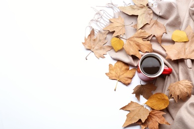 Photo of Composition with hot drink on white background, top view. Cozy autumn