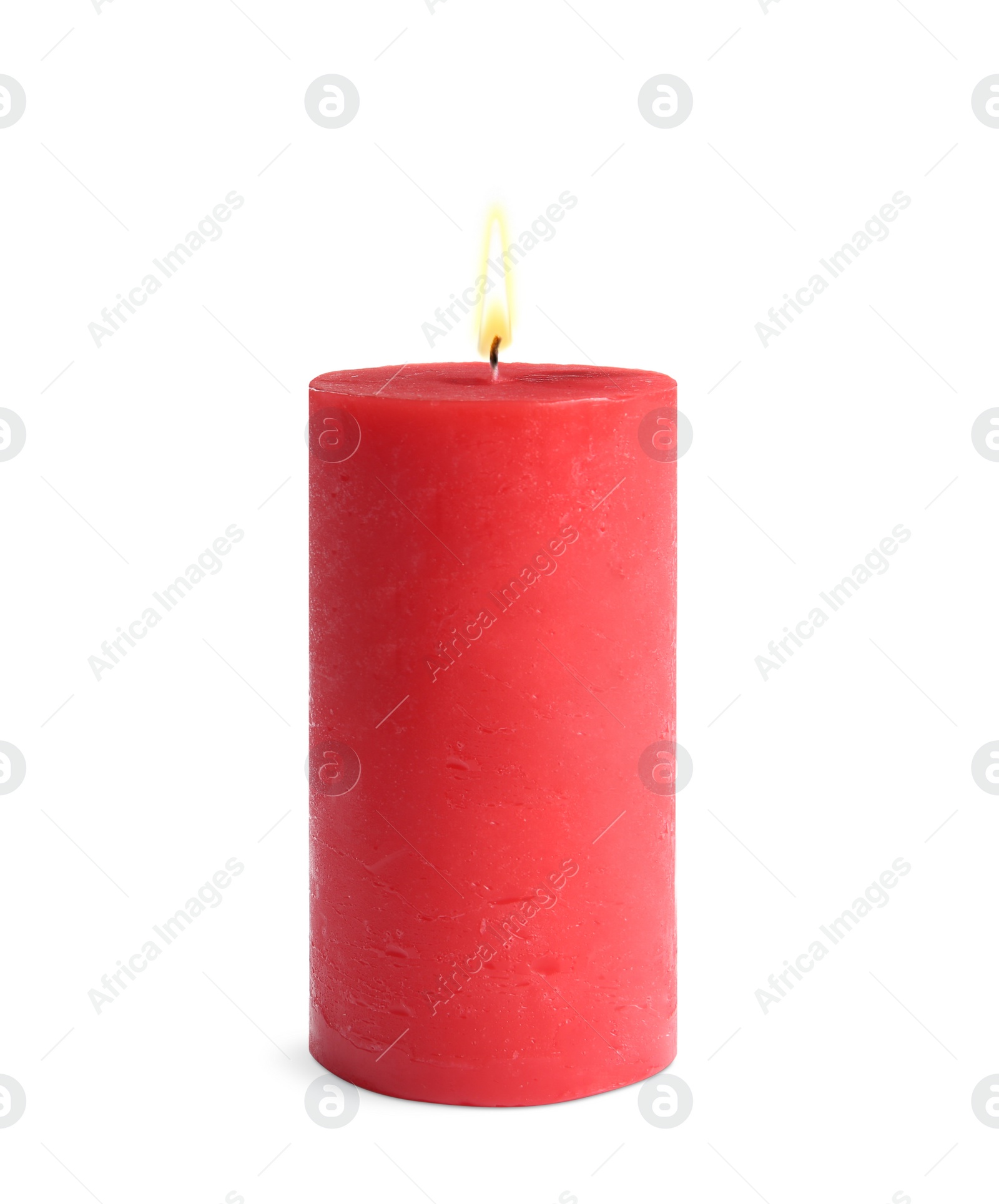 Photo of Decorative red wax candle on white background