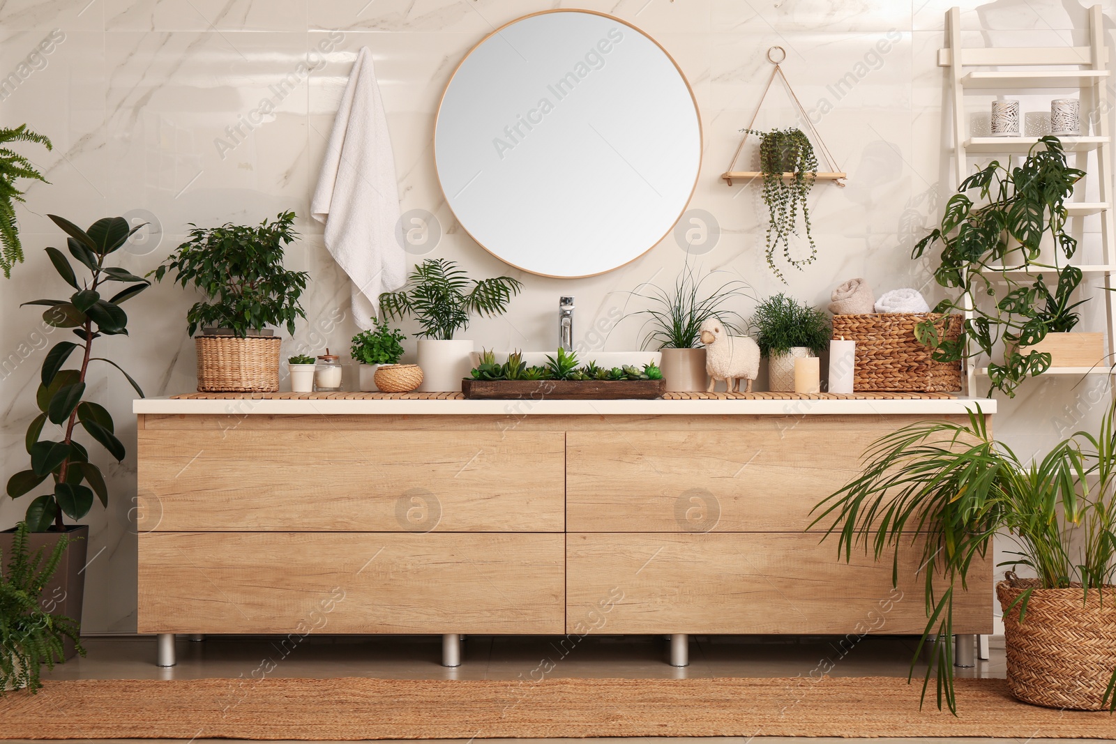 Photo of Bathroom decorated with green houseplants. Interior design