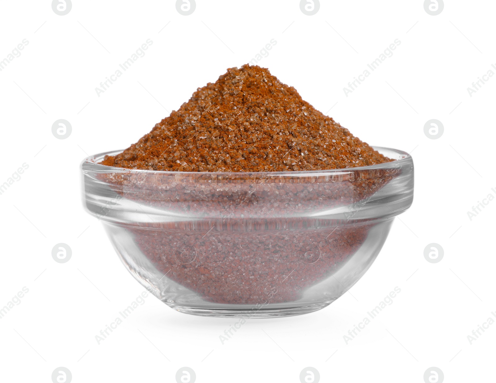 Photo of Glass bowl with brown food coloring isolated on white