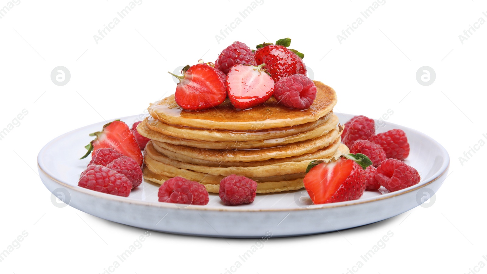 Photo of Tasty pancakes with fresh berries and honey on white background