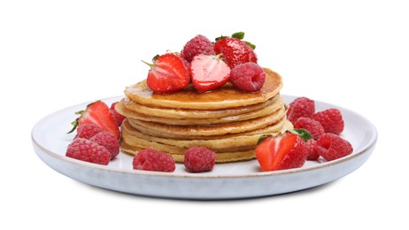 Tasty pancakes with fresh berries and honey on white background