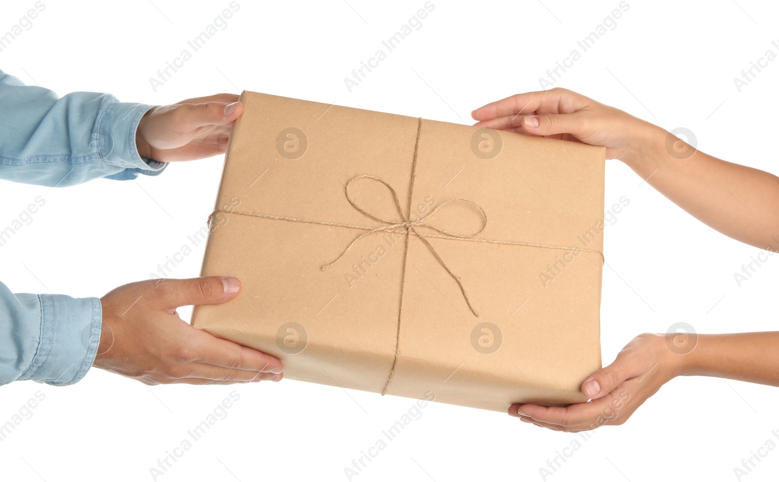 Photo of Woman receiving parcel from courier on white background, closeup