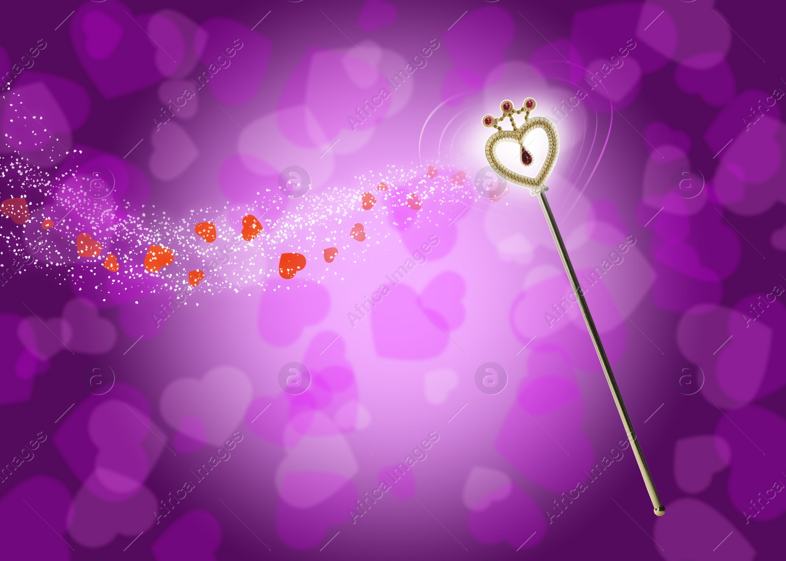 Image of Beautiful magic wand with fairy sparkle on violet background