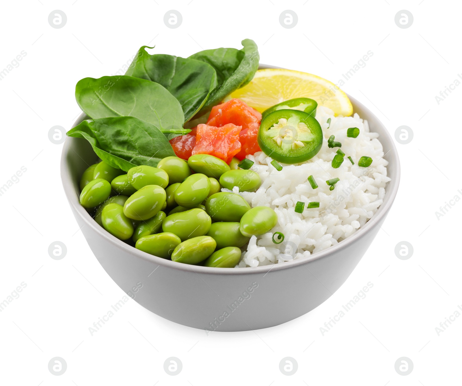 Photo of Poke bowl with salmon, edamame beans and vegetables isolated on white