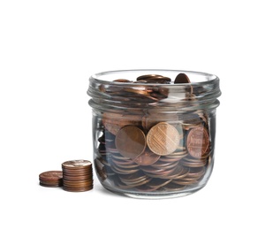 Photo of Glass jar with coins on white background. Money saving concept