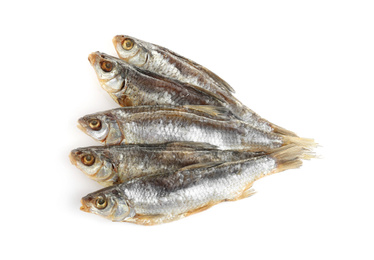 Tasty dried fish isolated on white, top view. Seafood