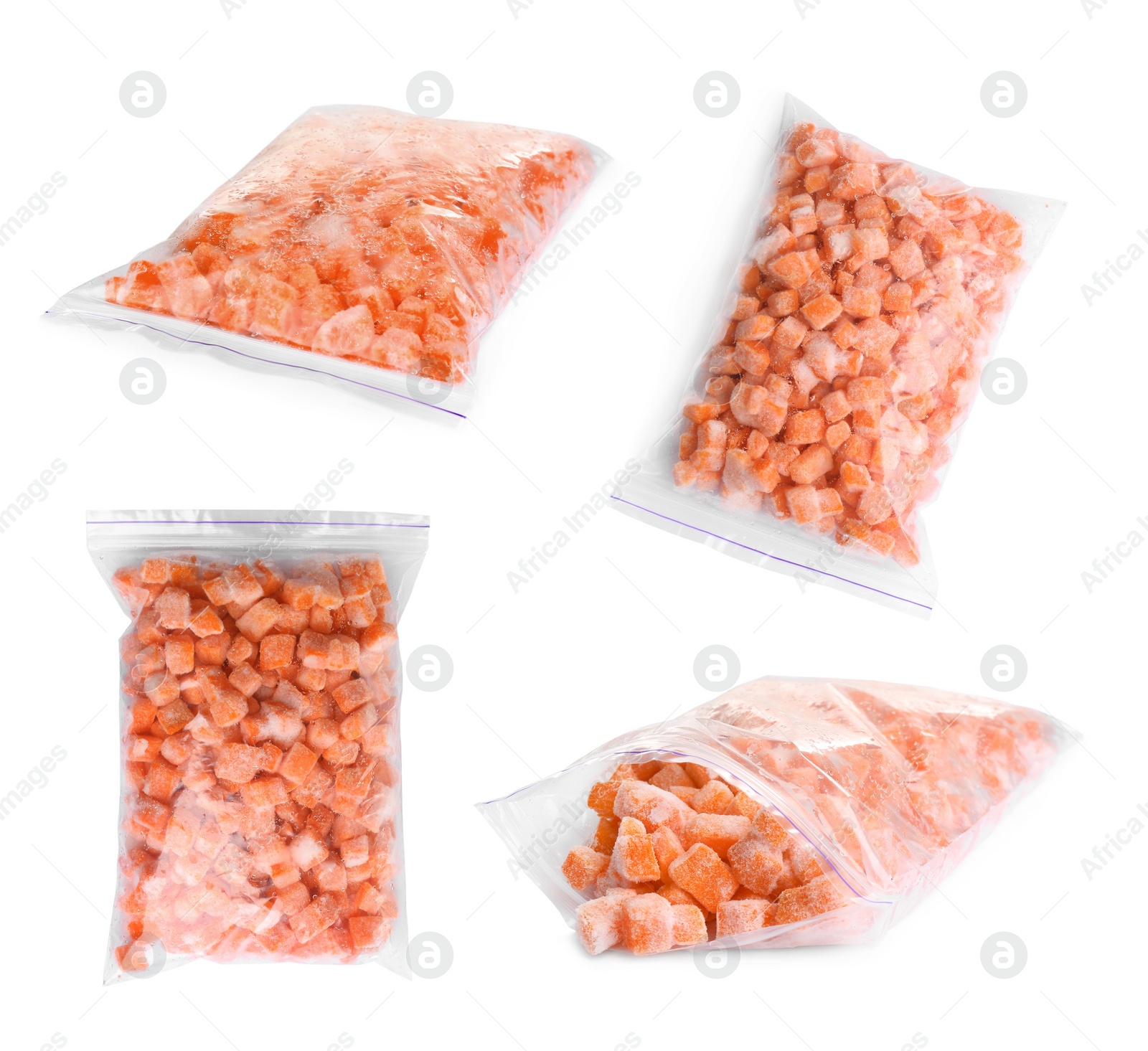 Image of Set of frozen carrots in plastic bags on white background. Vegetable preservation