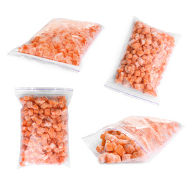 Set of frozen carrots in plastic bags on white background. Vegetable preservation