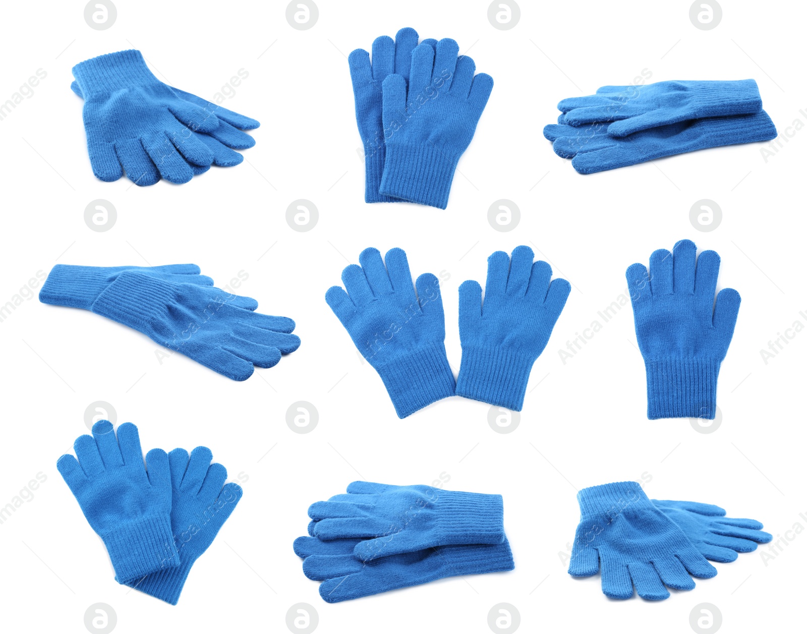 Image of Set of blue woolen gloves on white background