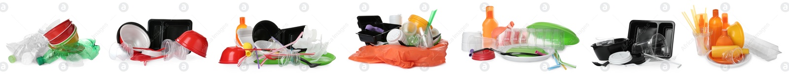 Image of Set with different plastic items on white background. Banner design