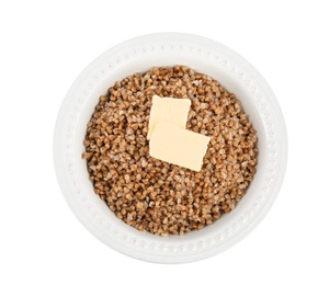 Photo of Bowl of buckwheat porridge with butter isolated on white, top view