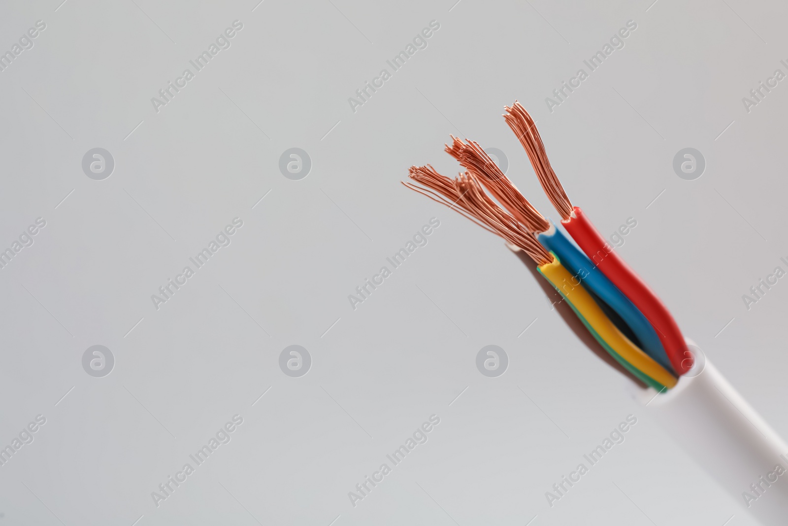 Photo of Cable with stripped wires on light background, closeup. Space for text