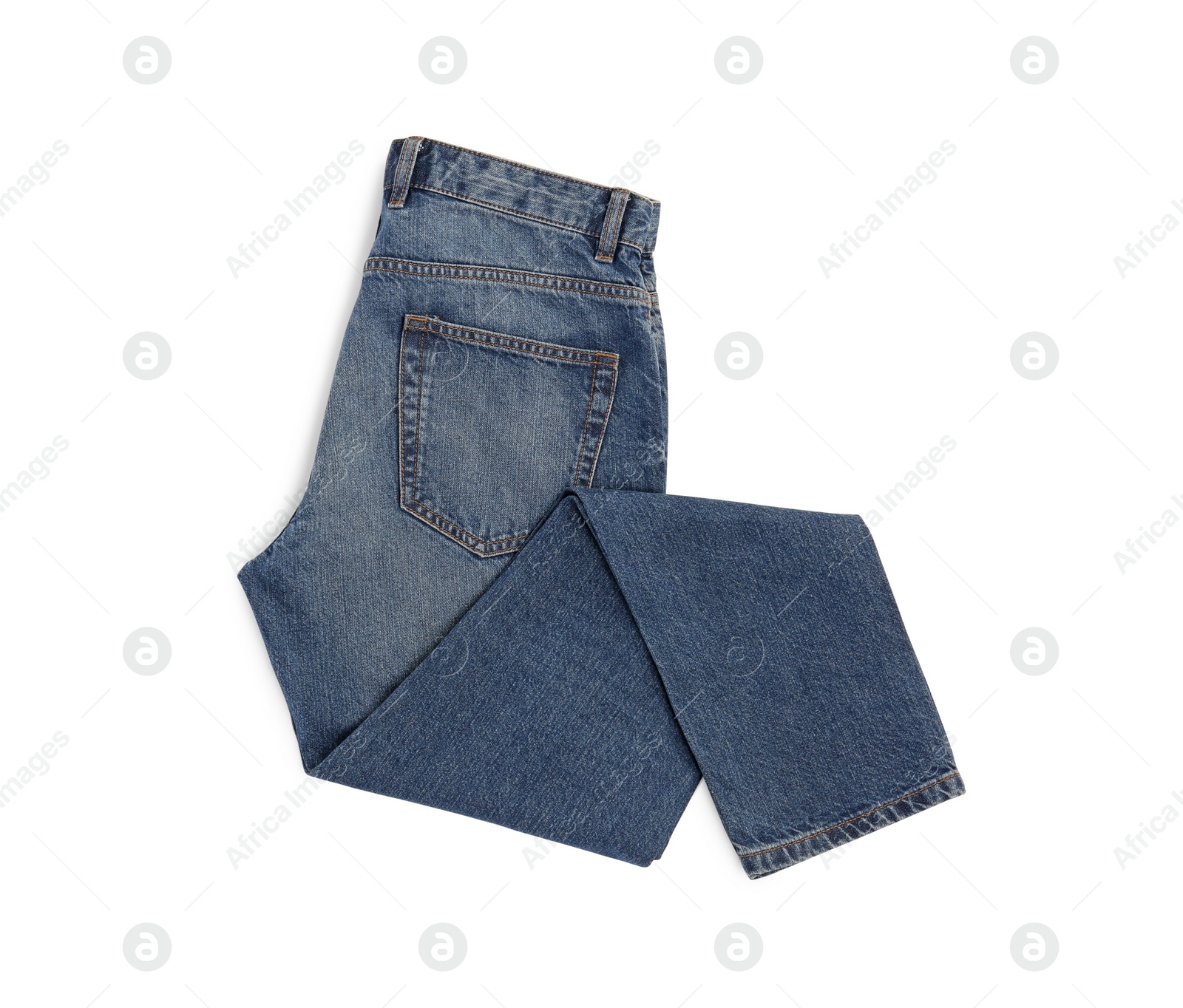 Photo of Blue jeans isolated on white, top view. Stylish clothes