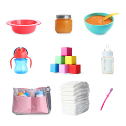 Image of Set with different baby accessories on white background 