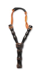 Black wooden slingshot with leather pouch on white background, top view