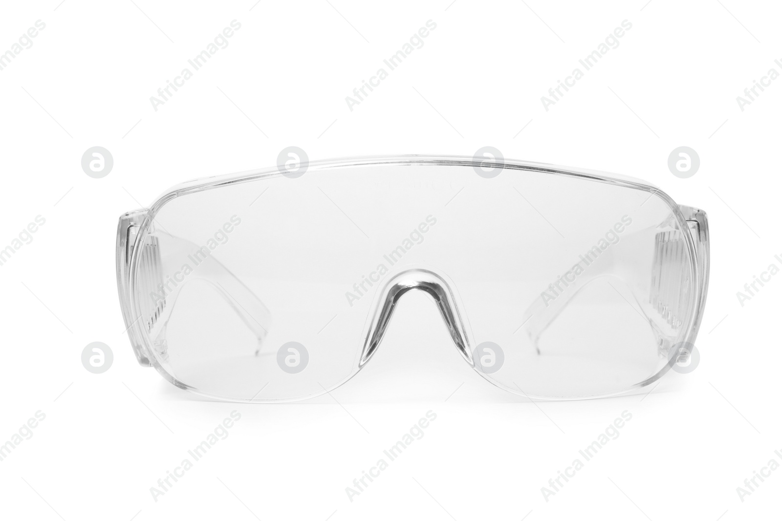 Photo of Protective goggles on white background. Construction tool