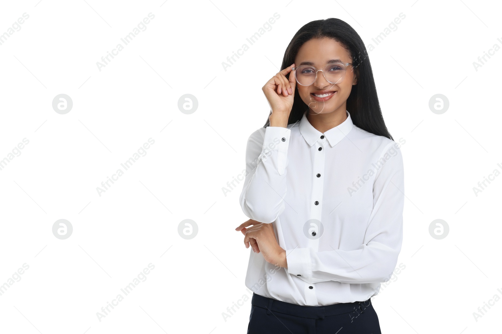 Photo of Portrait of beautiful secretary on white background