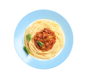 Photo of Plate with delicious pasta bolognese on white background, top view