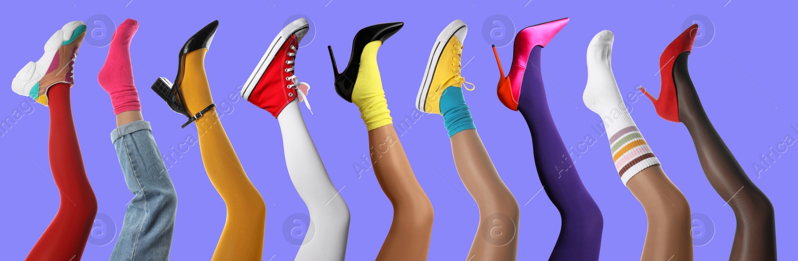 Image of Collage with photos of women showing fashionable collections of stylish shoes, tights and socks on light blue background , closeup view of legs. Banner design