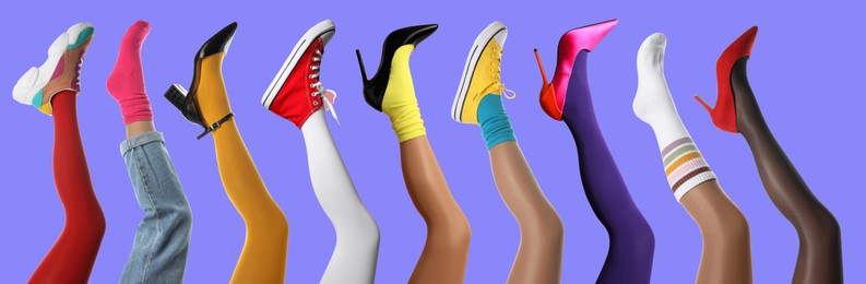 Image of Collage with photos of women showing fashionable collections of stylish shoes, tights and socks on light blue background , closeup view of legs. Banner design