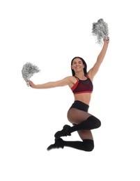 Photo of Beautiful cheerleader with pom poms jumping on white background