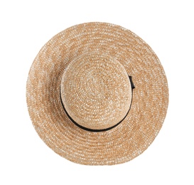 Photo of Straw hat isolated on white. Stylish accessory
