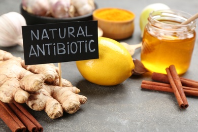 Photo of Different fresh products and card with phrase Natural Antibiotic on grey table, closeup