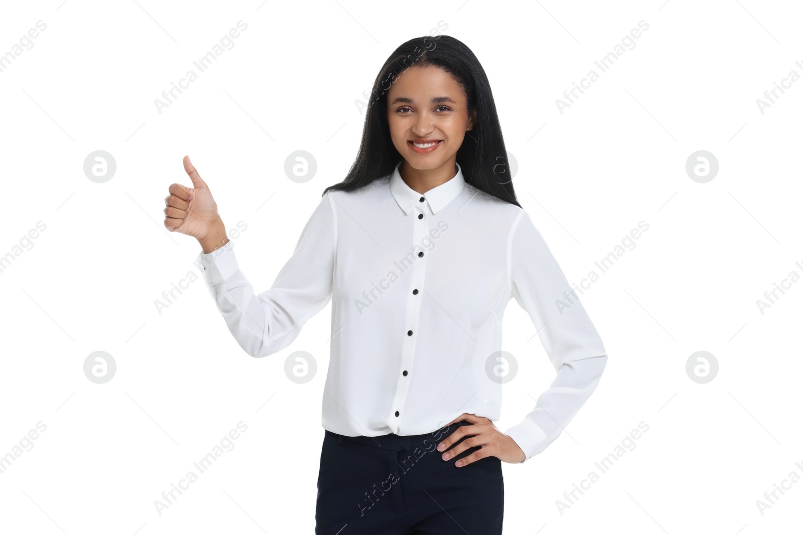 Photo of Beautiful secretary showing thumb up on white background