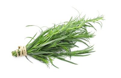 Bunch of fresh tarragon on white background, top view