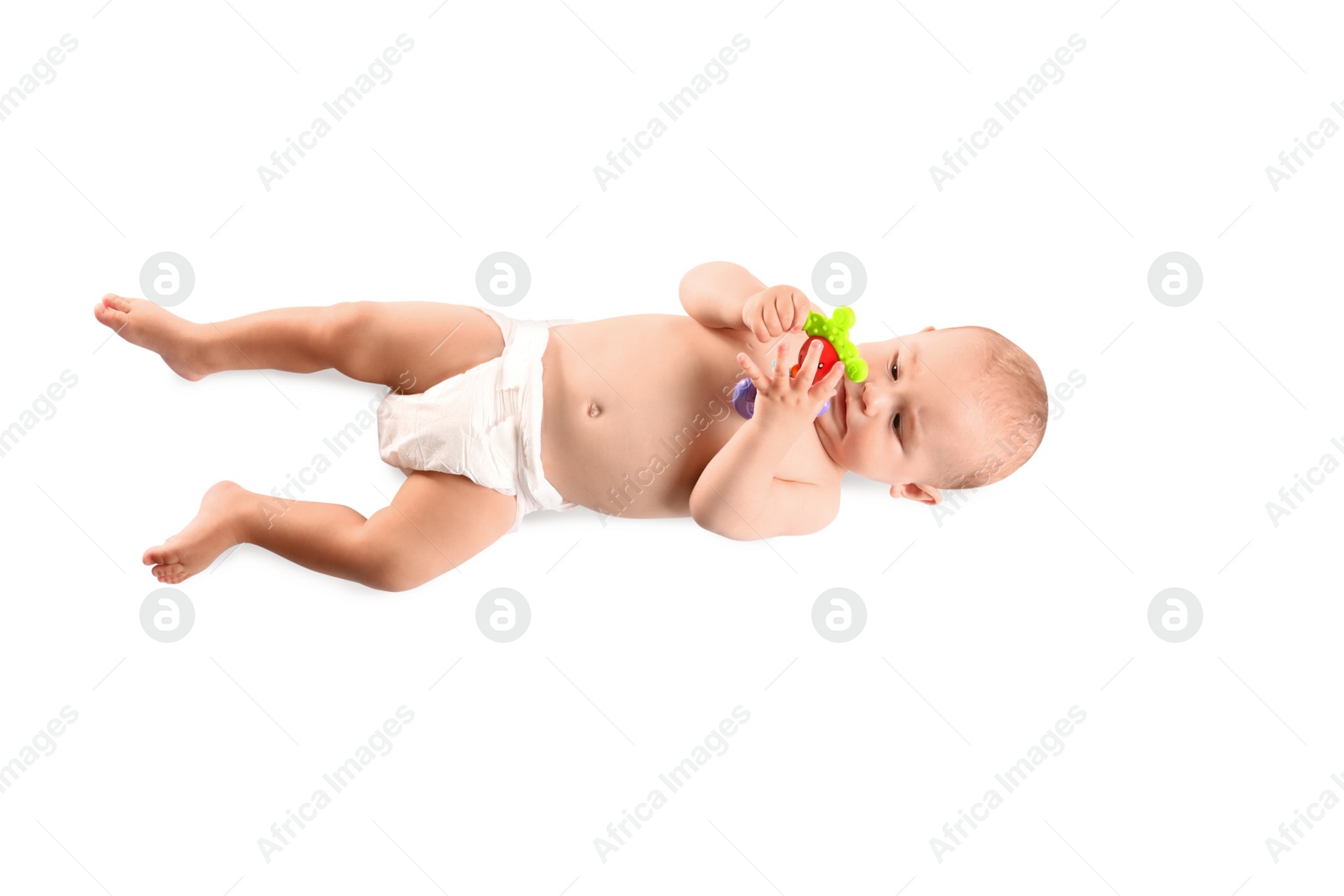 Photo of Cute little baby with toy on white background, top view