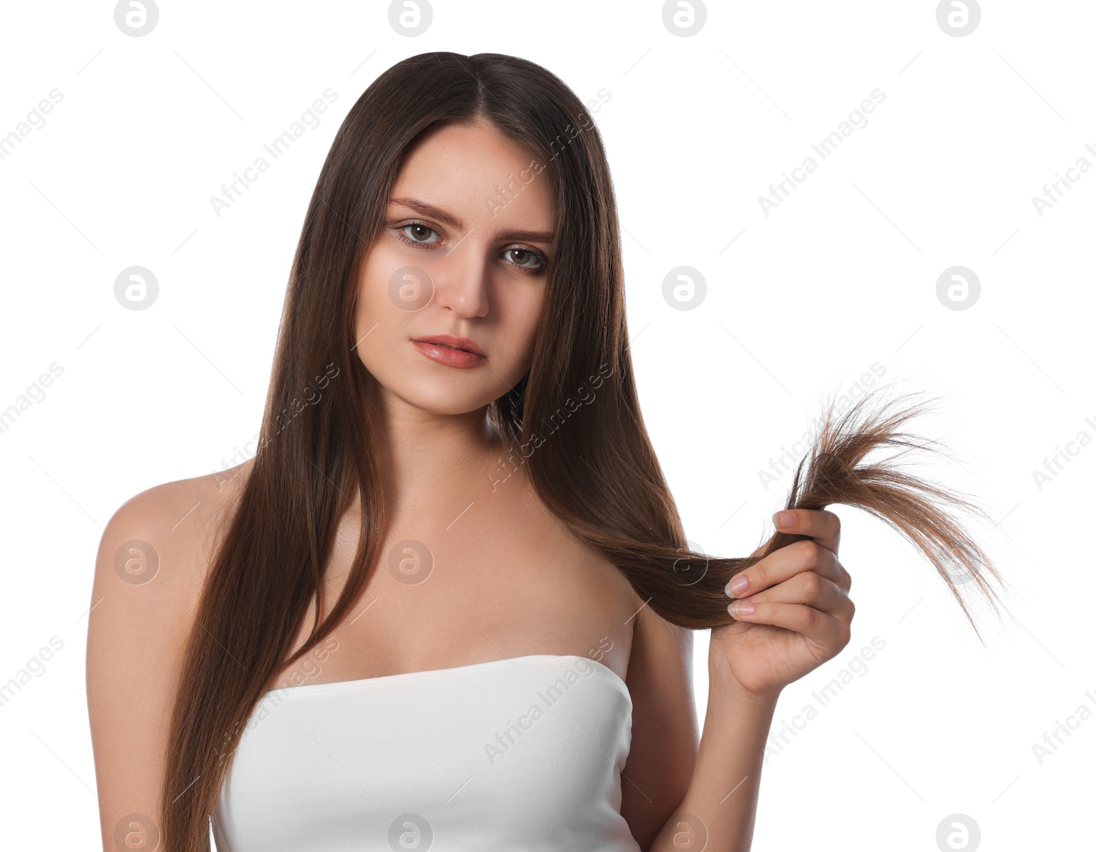 Photo of Young woman with strong healthy hair on white background