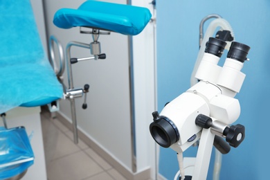 Modern binocular colposcope in gynecological clinic, closeup