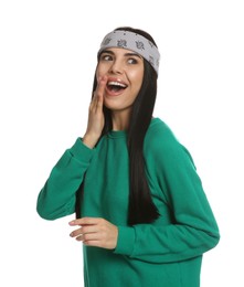 Photo of Young woman wearing stylish bandana on white background