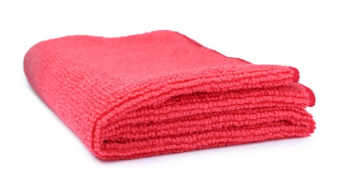 Photo of Clean red microfiber cloth isolated on white