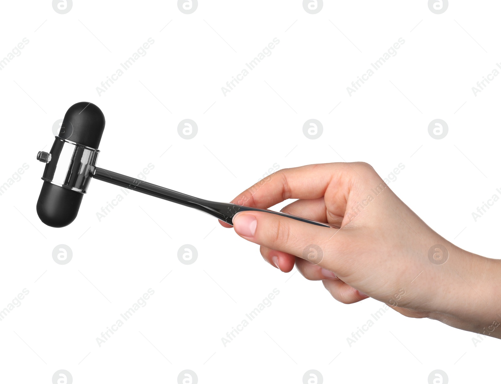 Photo of Woman with reflex hammer on white background, closeup. Nervous system diagnostic