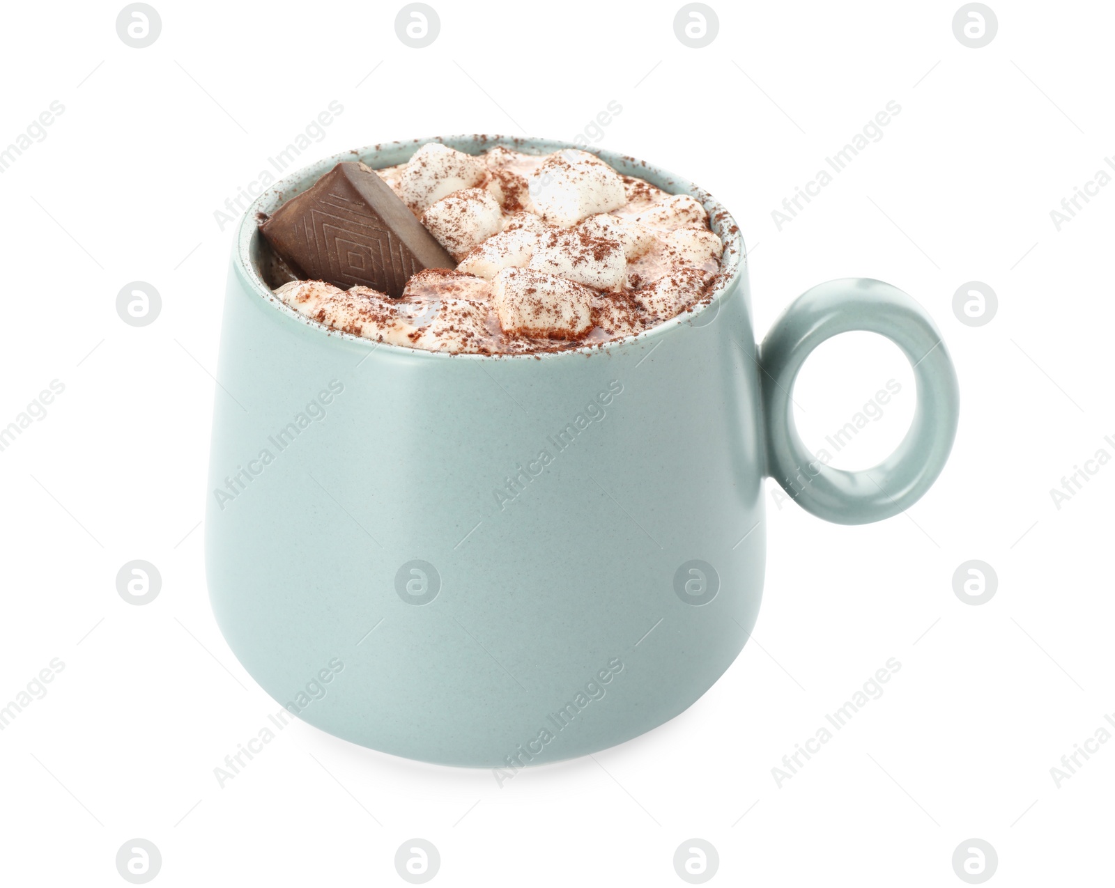 Photo of Cup of aromatic hot chocolate with marshmallows and cocoa powder isolated on white
