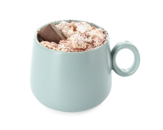 Cup of aromatic hot chocolate with marshmallows and cocoa powder isolated on white