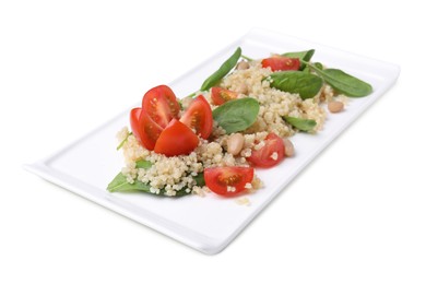 Delicious quinoa salad with tomatoes, beans and spinach leaves isolated on white